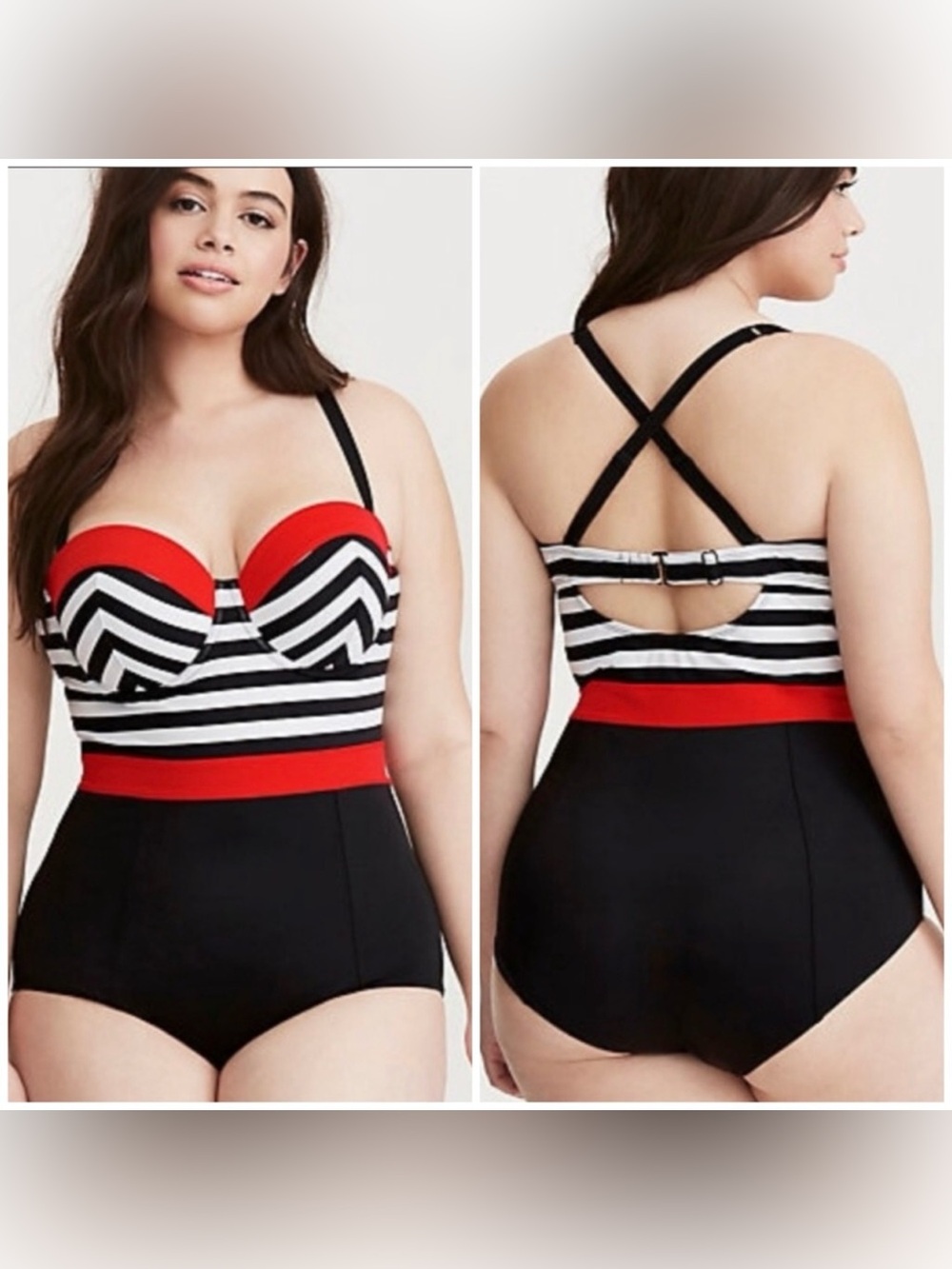 TORRID PLUS SIZE 6 NWT Red Black White Striped One-Piece Swimsuit color block